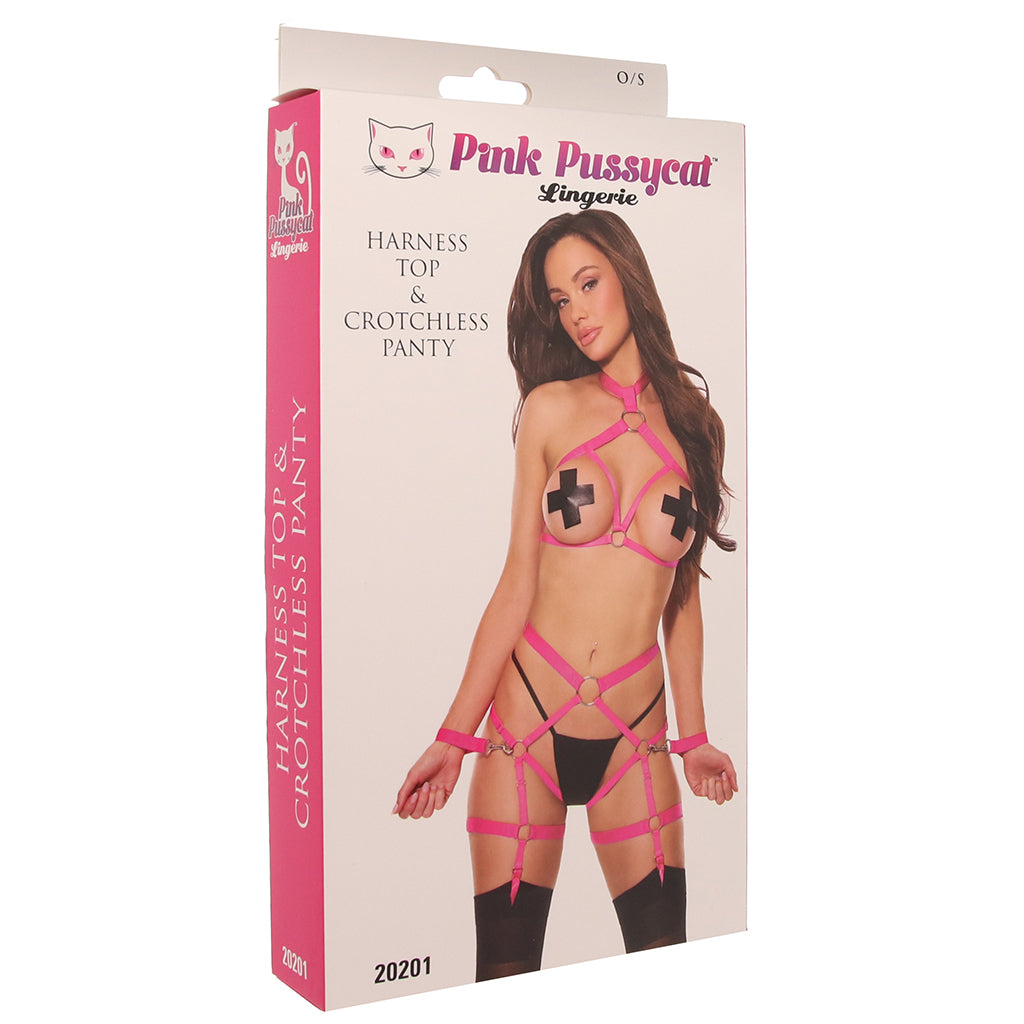 Pink Pussycat Harness Top & Crotchless Panties Set — Heaven Boutique Edmonton 9