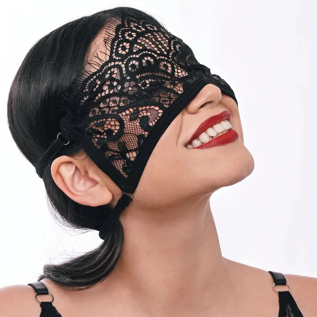 S&M Veiled Vision Lace Blindfold – Edmonton adult shop – in use view