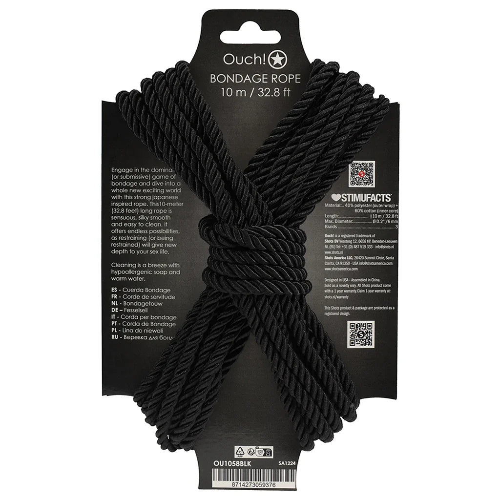 Ouch! 32.8'/10m Bondage Rope in Black – Edmonton adult store – close-up view