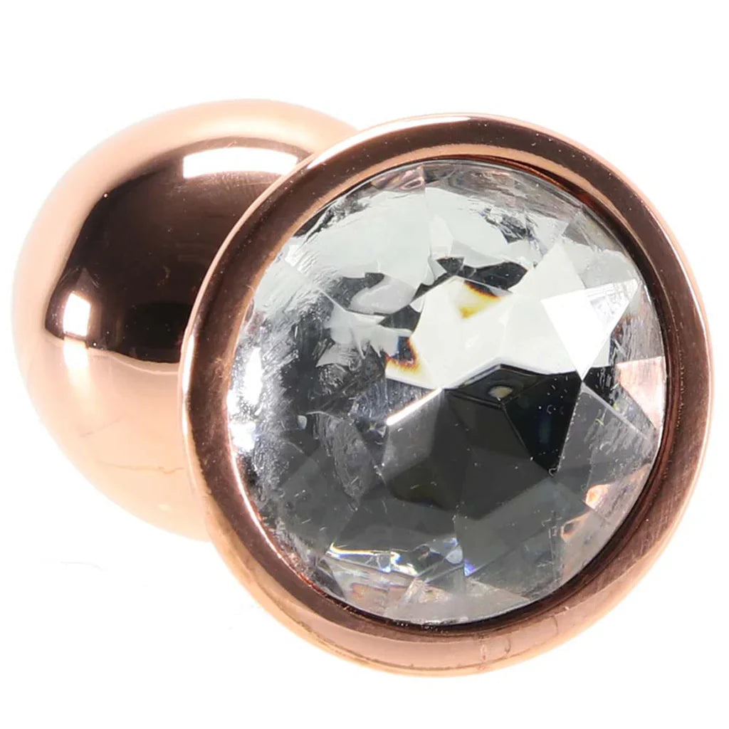 Small Aluminum Plug with Clear Gem in Rose Gold – Edmonton adult store – close-up view