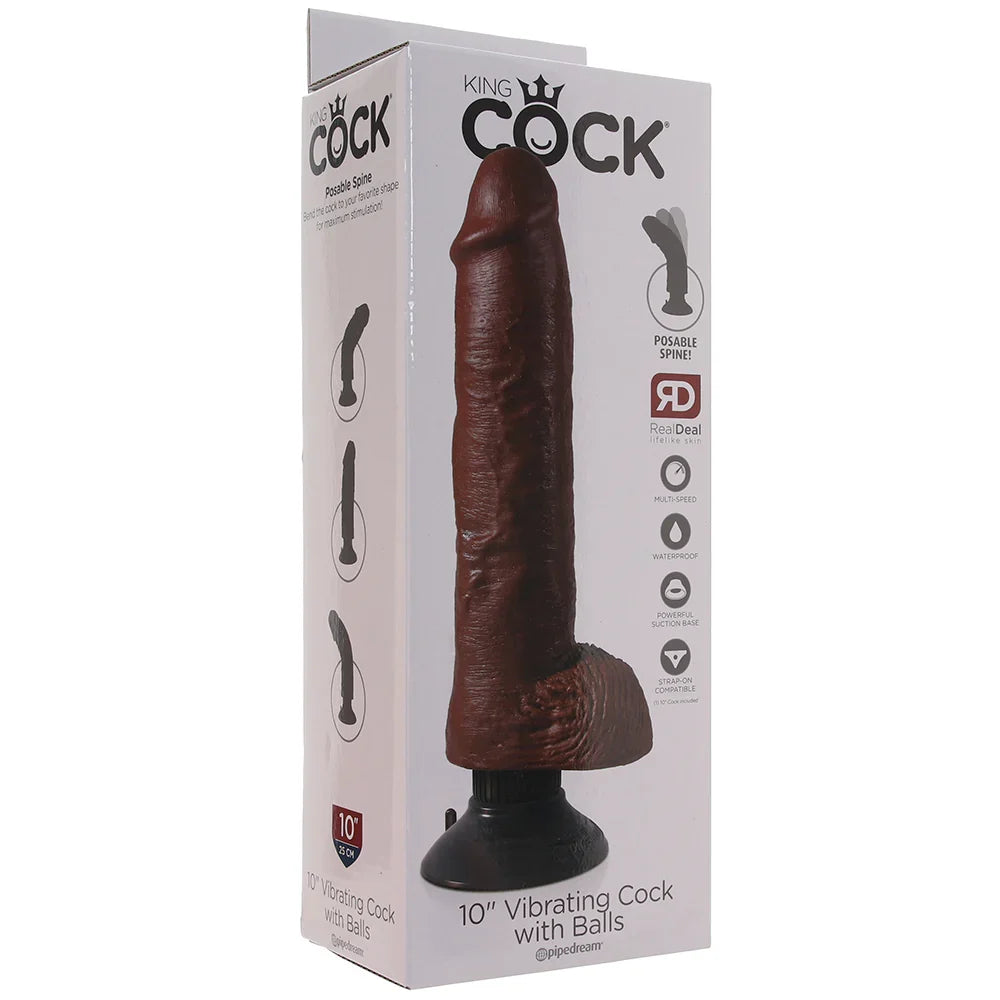 King Cock 10 Inch Vibrating Dildo with Balls in Brown – Edmonton adult store – close-up view
