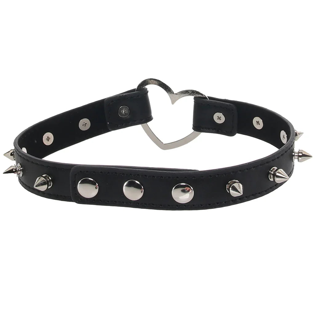 Master Series Spiked Heart Choker in Black – Edmonton adult store – close-up view